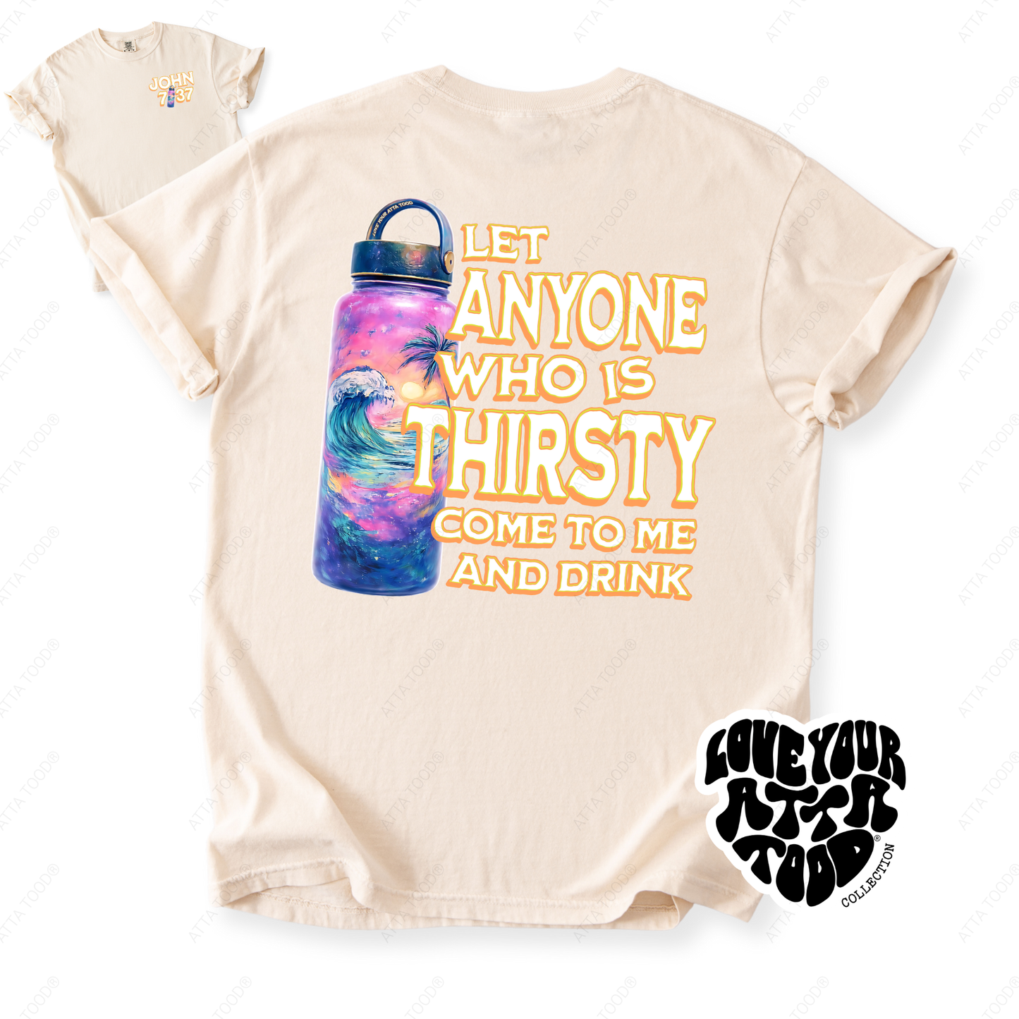 John 7:37 Tropical Water Bottle Christian Graphic Tee | ATTA TOOD®
