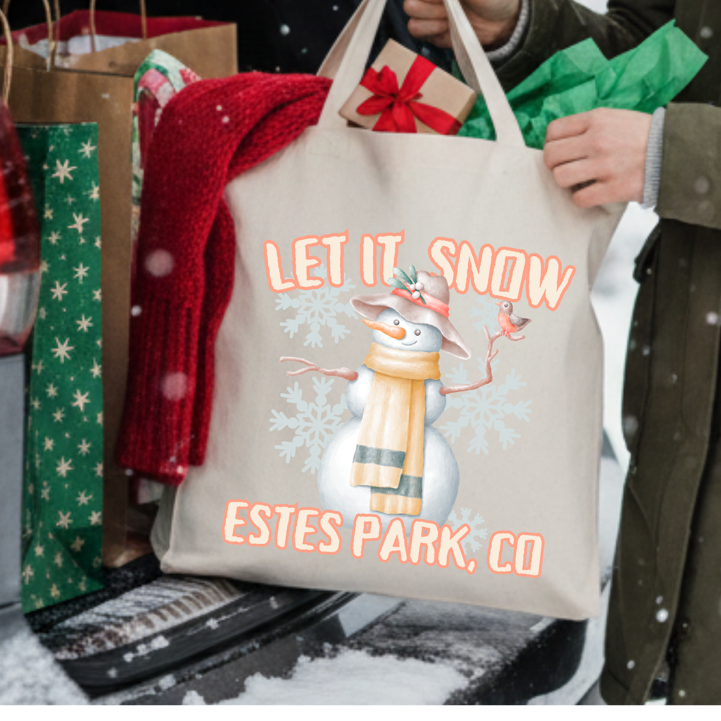 Custom Let it snow snowman Christmas tote | Holiday book bag