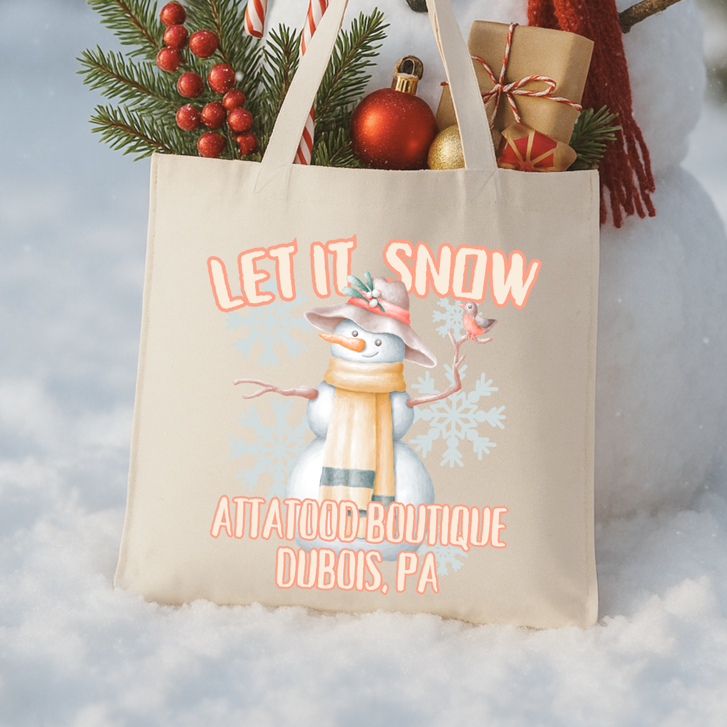 Custom Let it snow snowman Christmas tote | Holiday book bag