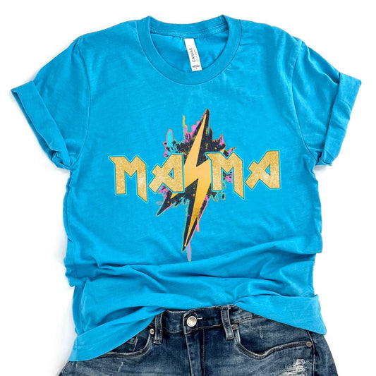 blue t-shirt with 'Mama' lightning bolt graphic design on a white background