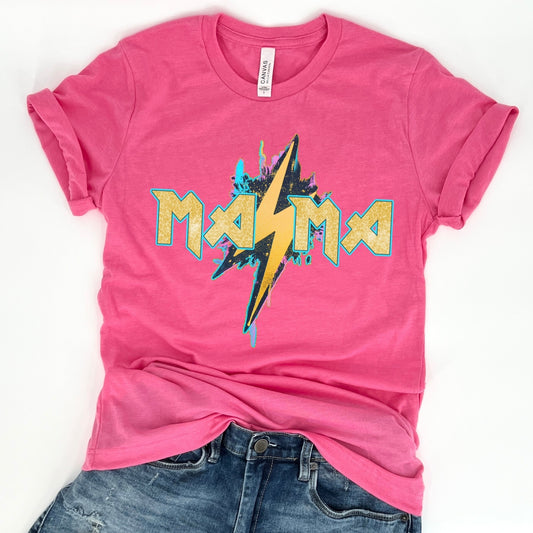 Pink t-shirt with 'Mama' lightning bolt graphic design on a white background