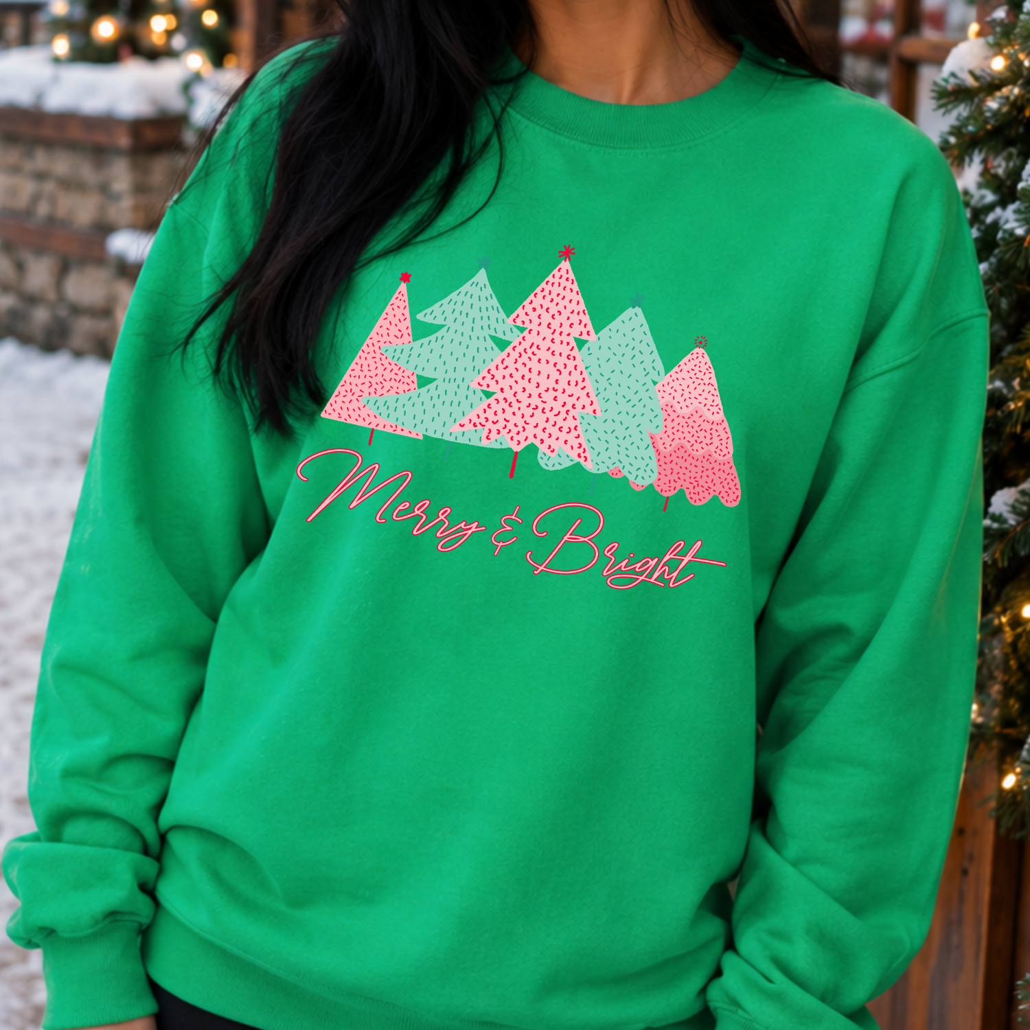 Merry and Bright Whimsical Pink and Green Christmas Trees Graphic Irish Green Sweatshirt