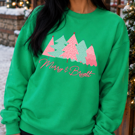 Merry and Bright Whimsical Pink and Green Christmas Trees Graphic Irish Green Sweatshirt