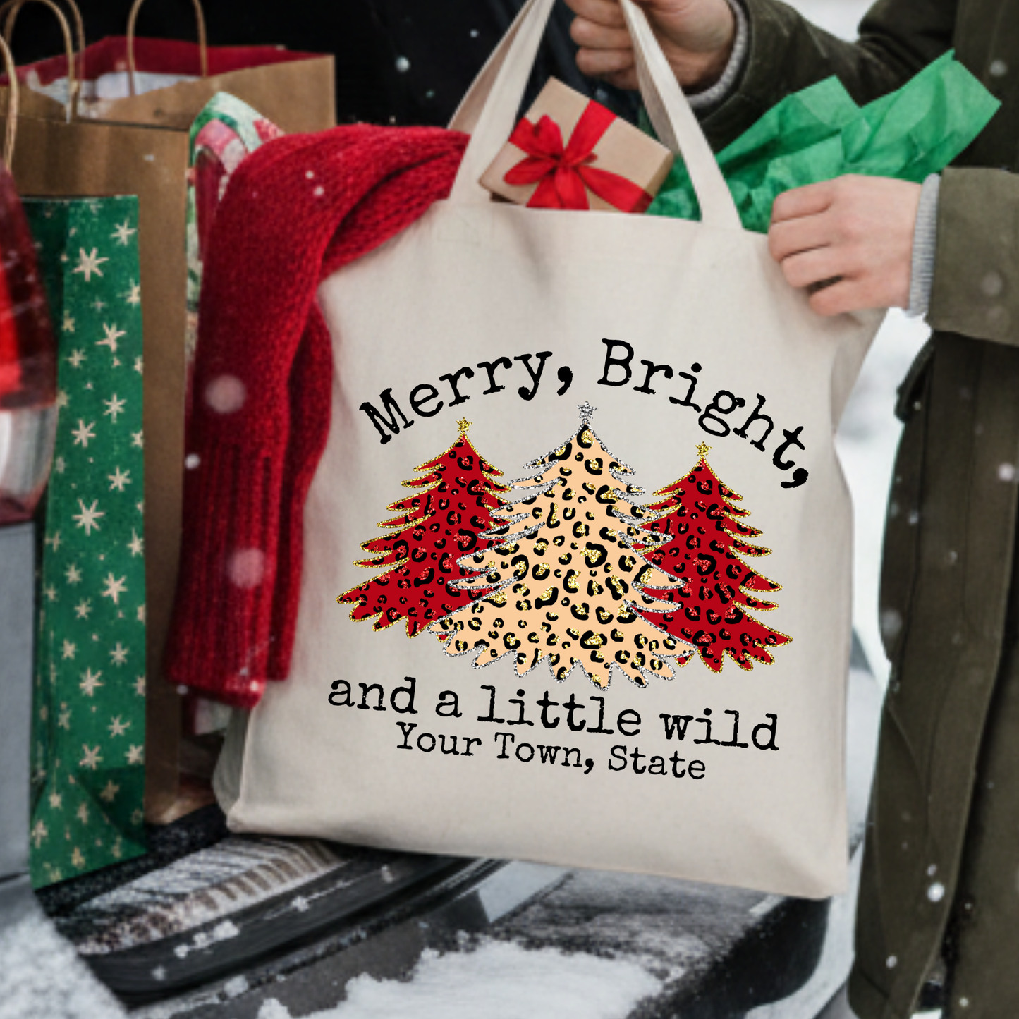 Custom leopard print Christmas trees tote | Holiday book bag