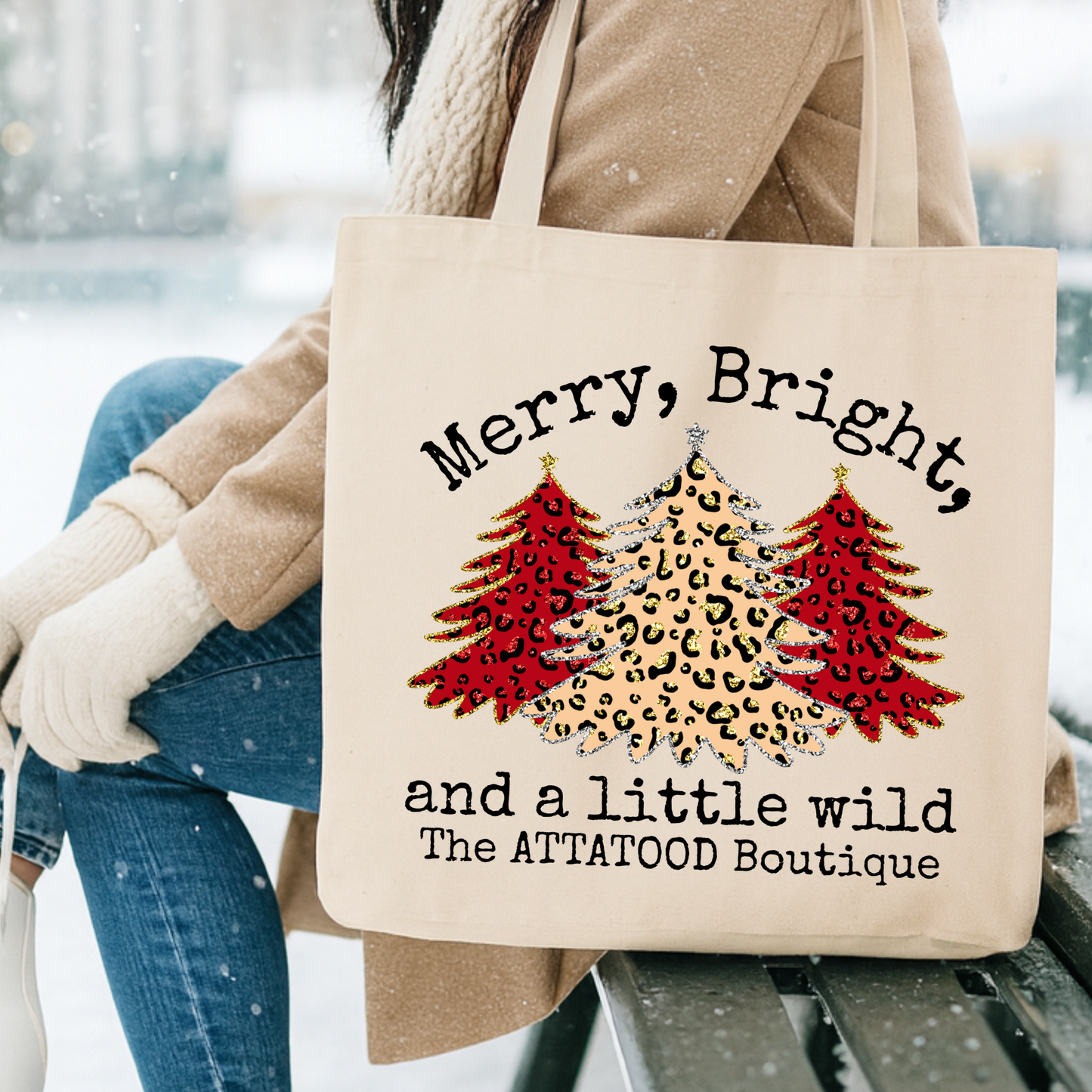 Custom leopard print Christmas trees tote | Holiday book bag