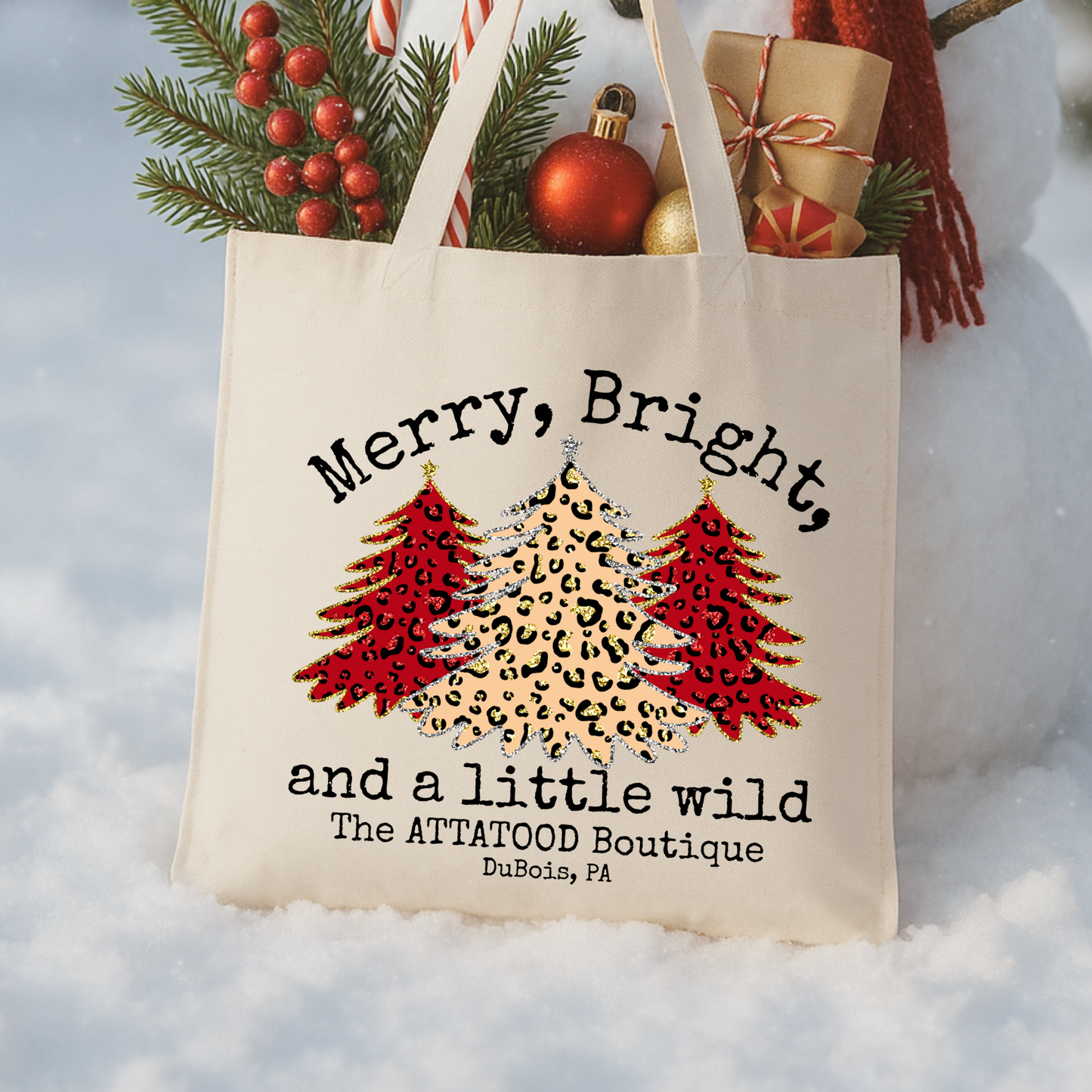 Custom leopard print Christmas trees tote | Holiday book bag