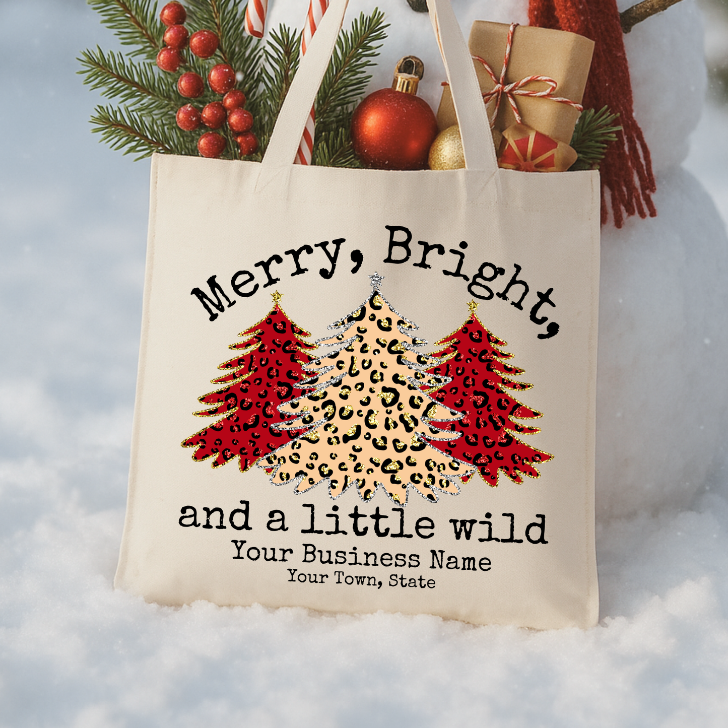 Custom leopard print Christmas trees tote | Holiday book bag