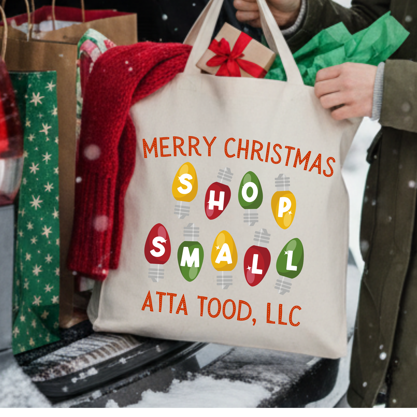 Personalized Christmas lights canvas tote | Custom book bag
