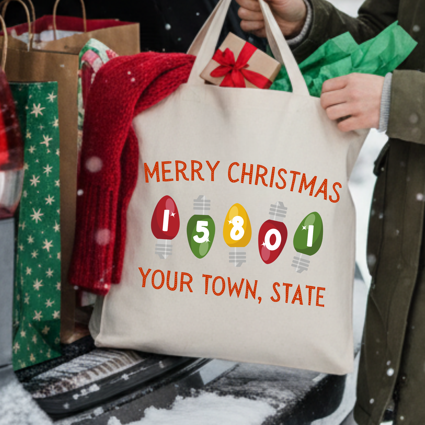 Tote bag with 'Merry Christmas' and with your custom zip code in the Christmas lights along with business name and city and state