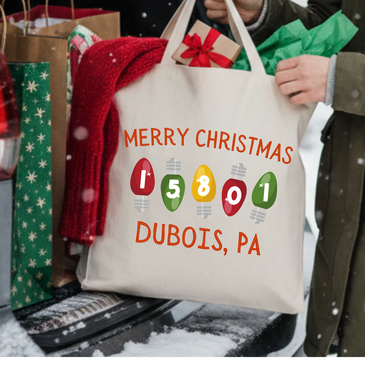 Personalized Christmas light zip code canvas tote | Book bag