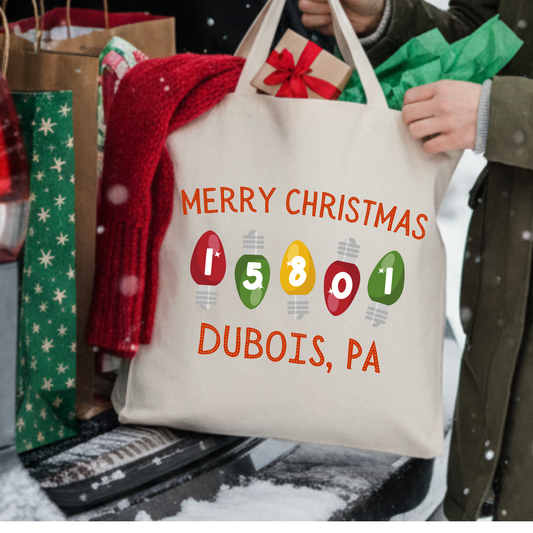 Personalized Christmas light zip code canvas tote | Book bag