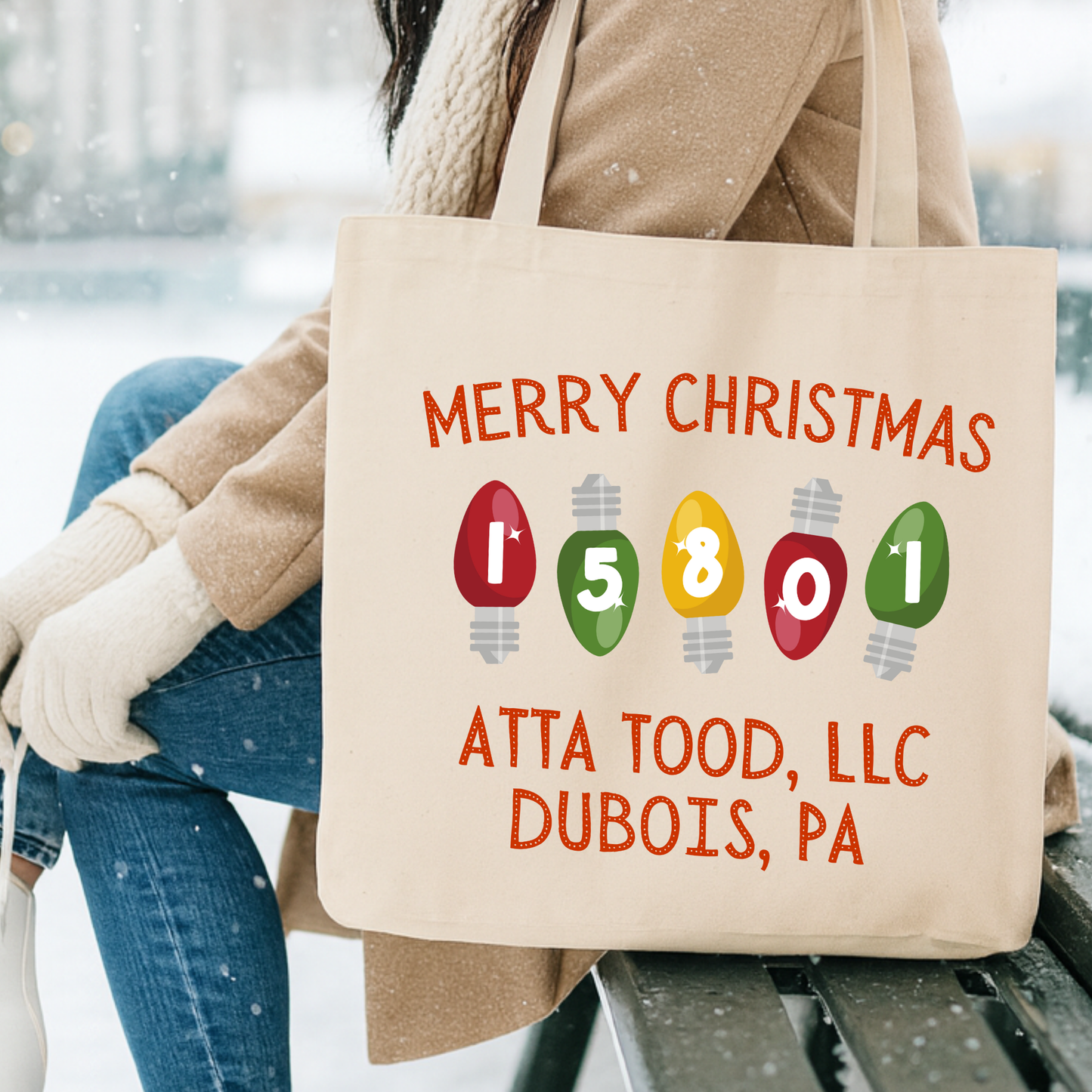 Personalized Christmas light zip code canvas tote | Book bag