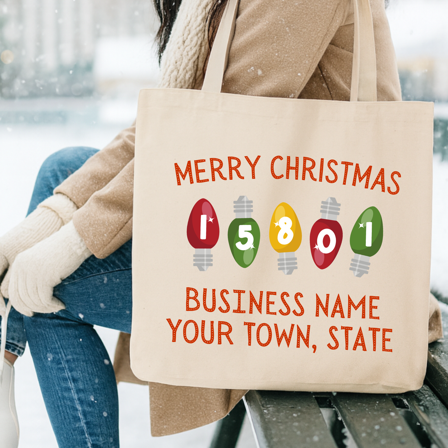 Personalized Christmas light zip code canvas tote | Book bag