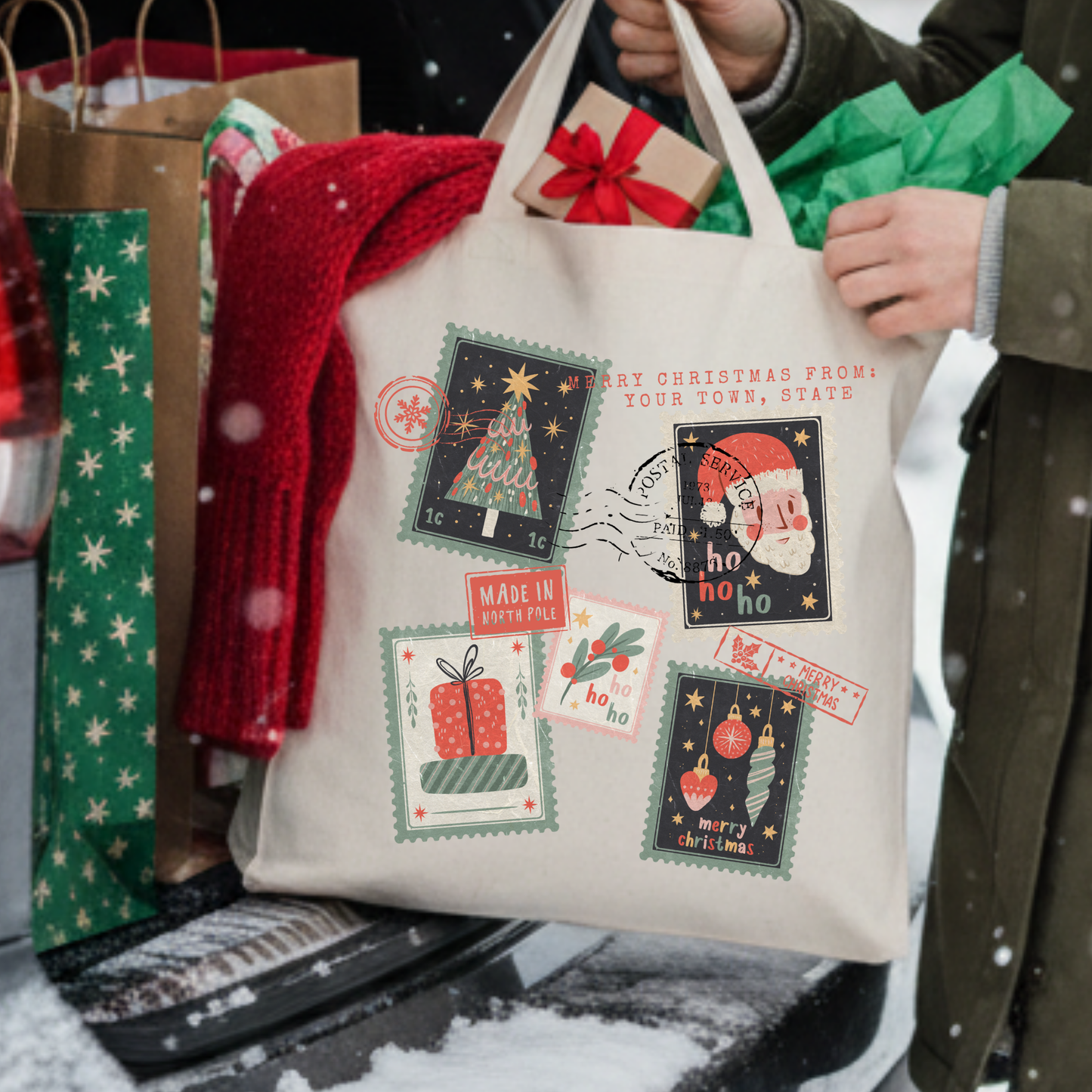 Personalized Christmas stamps tote | Custom Book bag