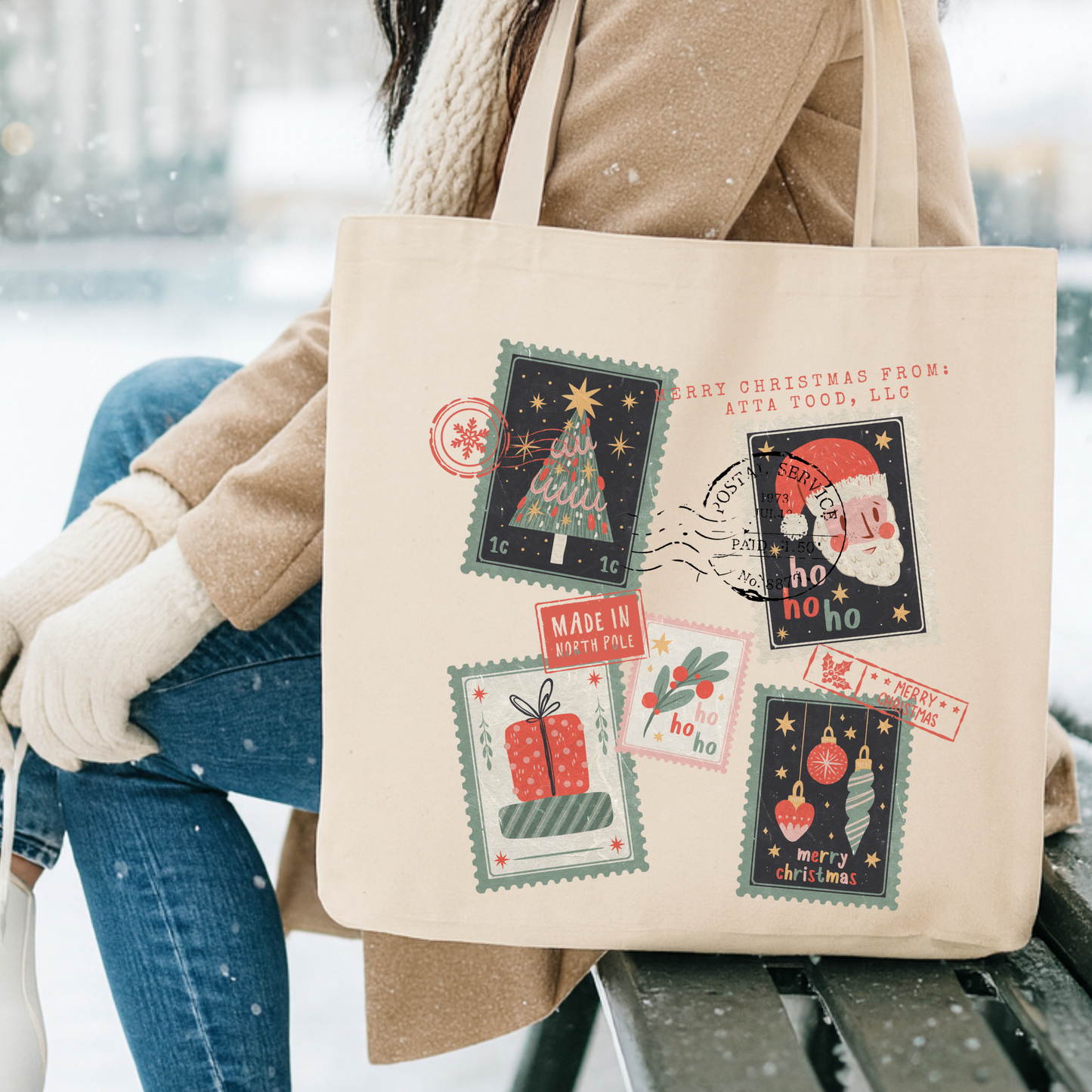Personalized Christmas stamps tote | Custom Book bag