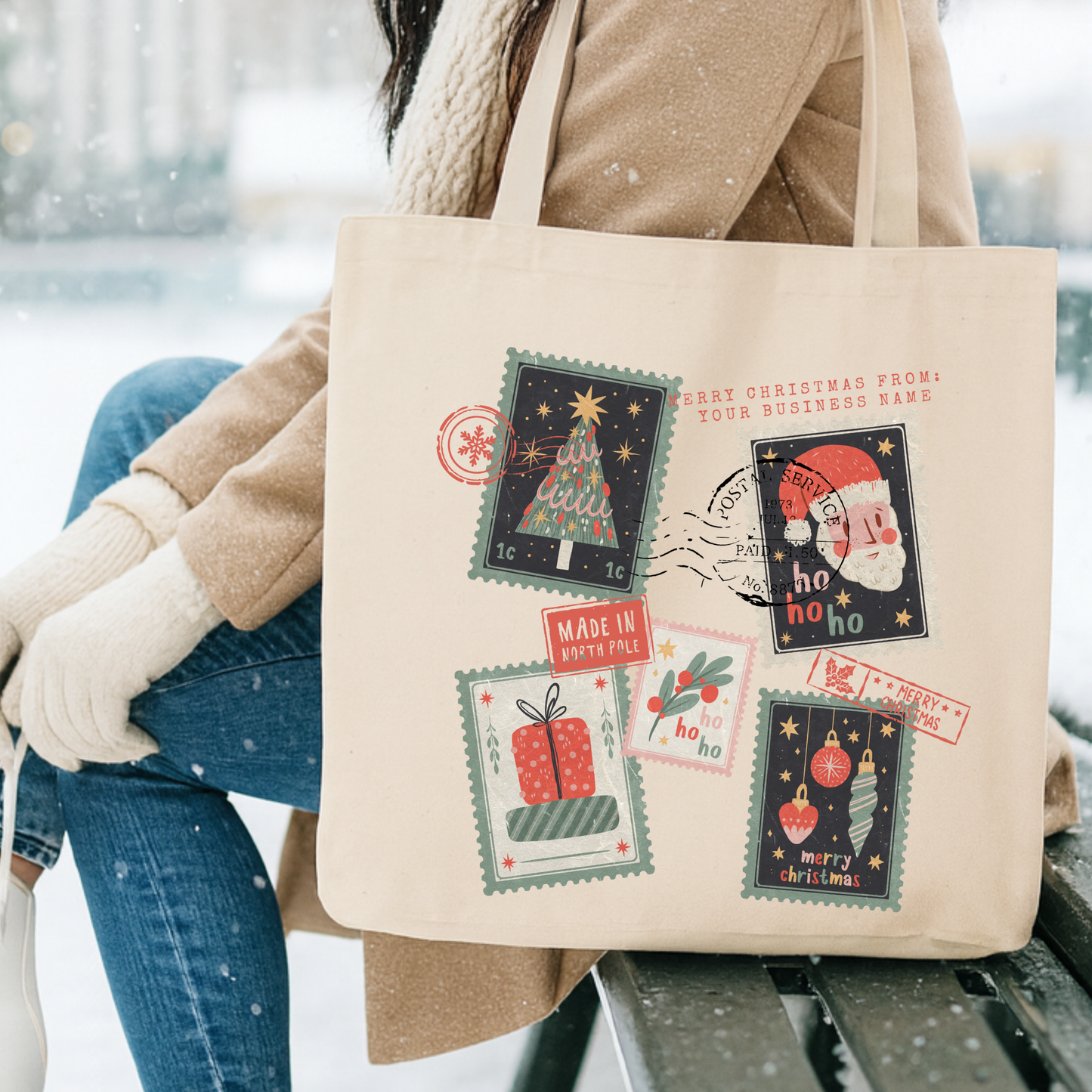 Personalized Christmas stamps tote | Custom Book bag