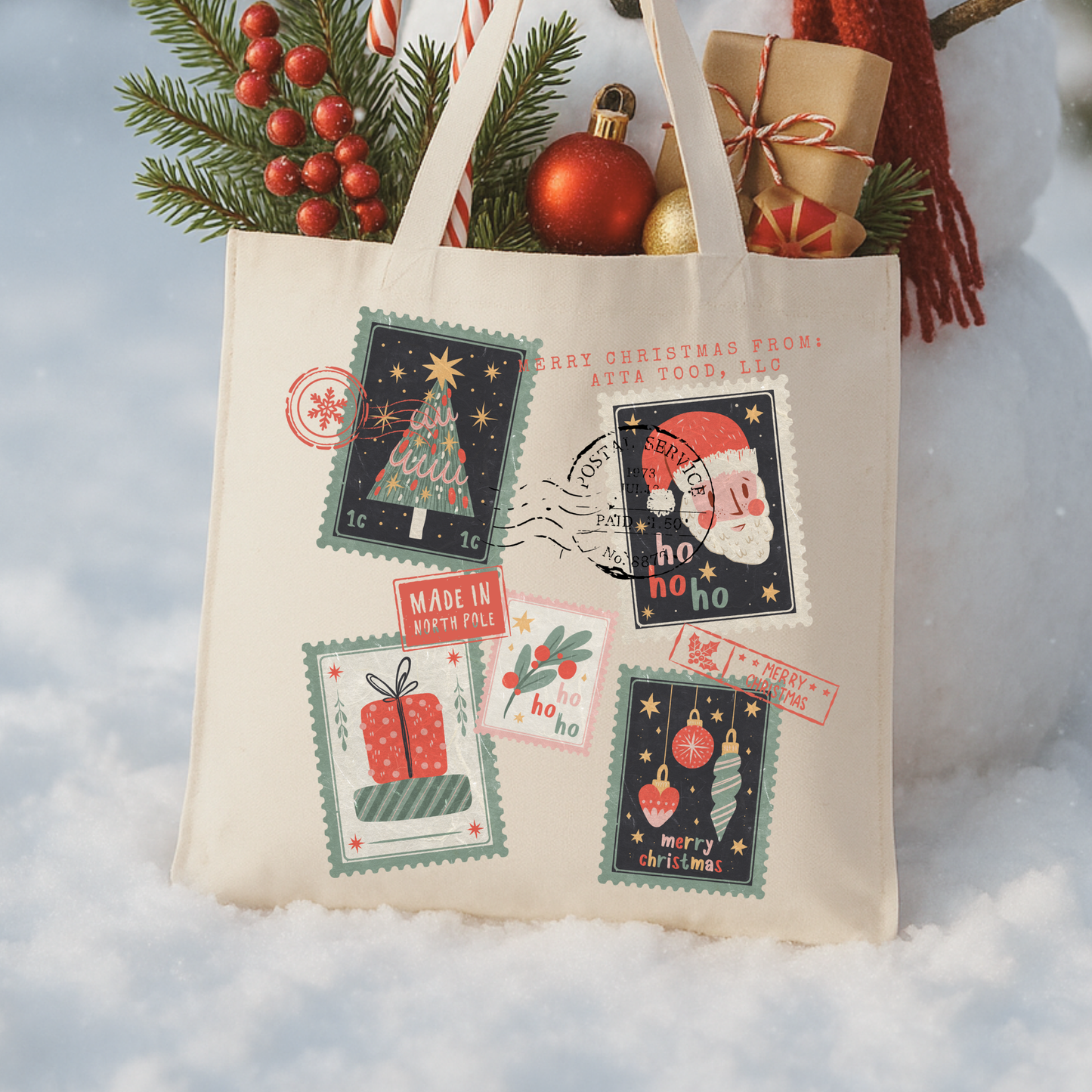 Personalized Christmas stamps tote | Custom Book bag
