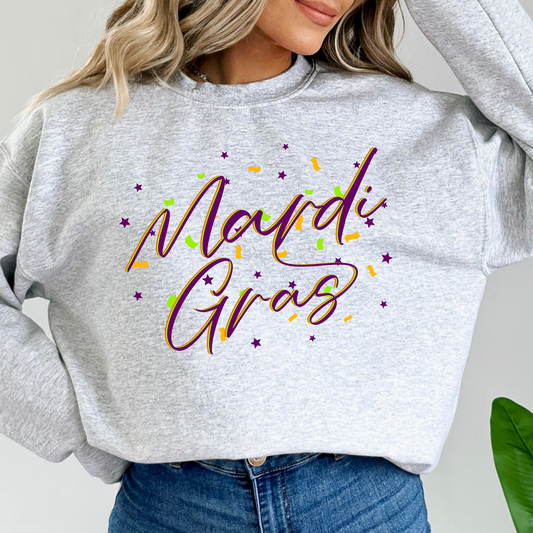 Mardi Gras confetti graphic sweatshirt, Women's holiday crew