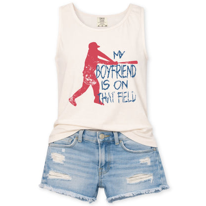 Ivory comfort color tank top with a red baseball player graphic that says my boyfriend is on the field