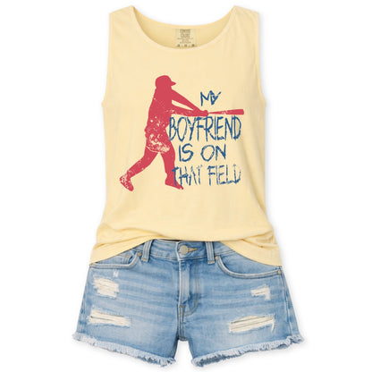 butter yellow comfort color tank top with a red baseball player graphic that says my boyfriend is on the field
