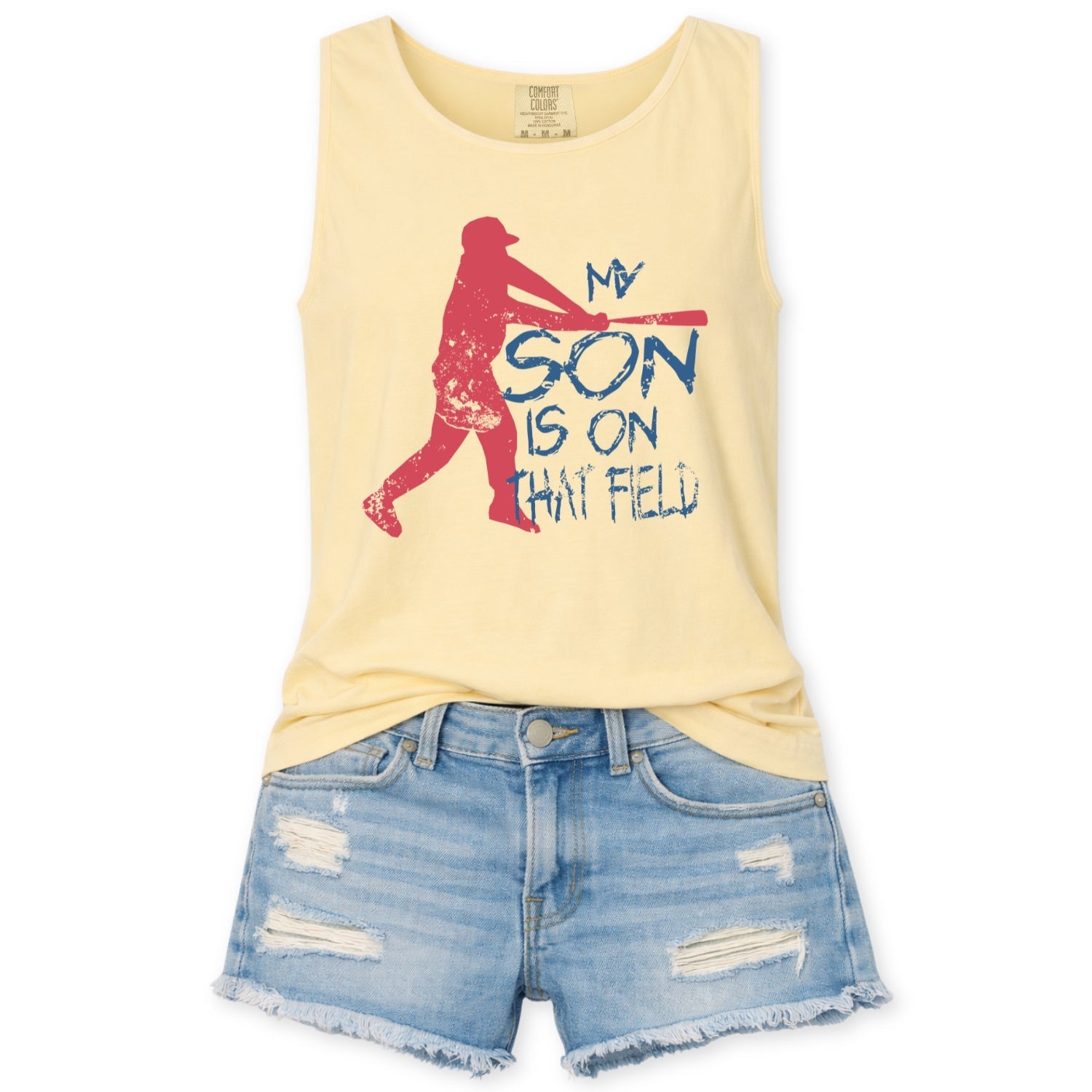 Butter yellow comfort color tank top with a red baseball player graphic that says my son is on the field
