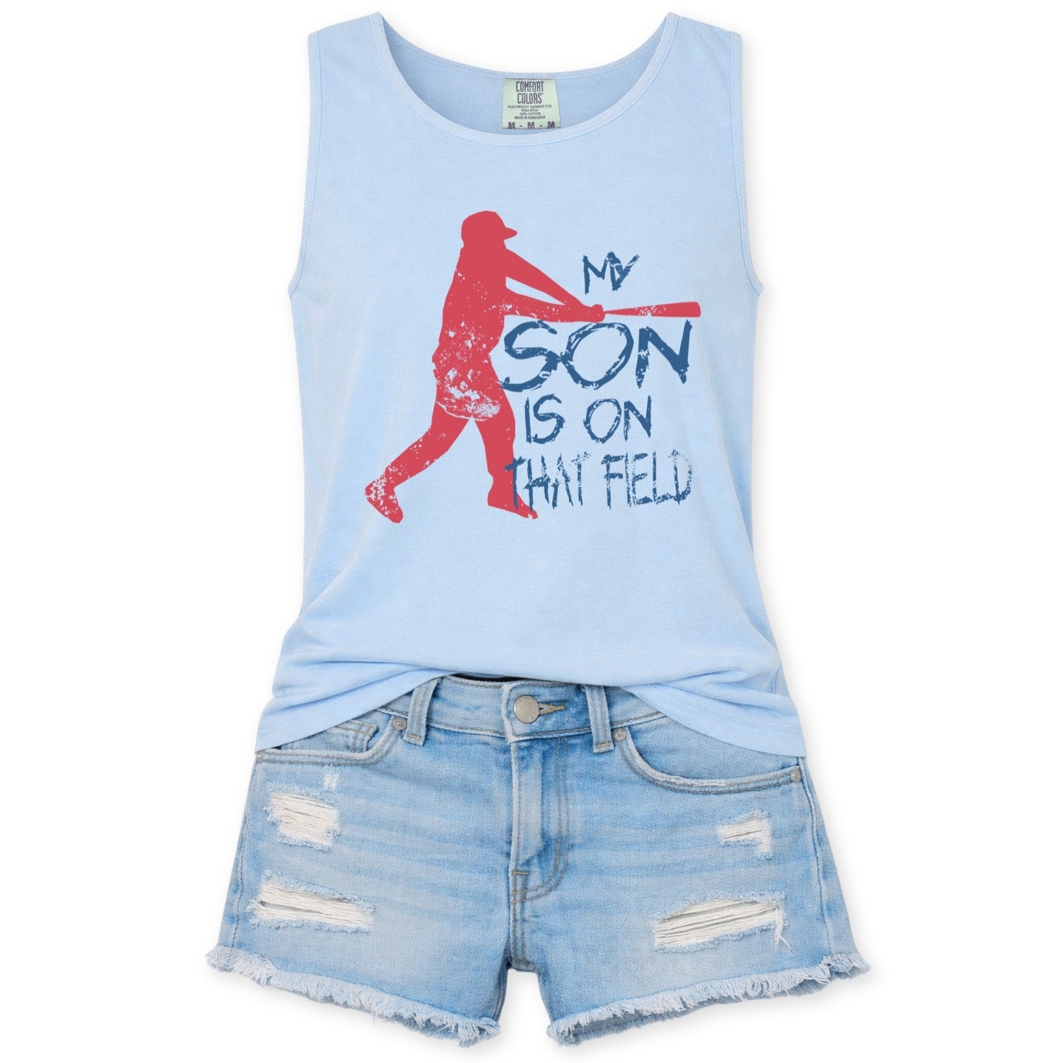 Chambray blue comfort color tank top with a red baseball player graphic that says my son is on the field