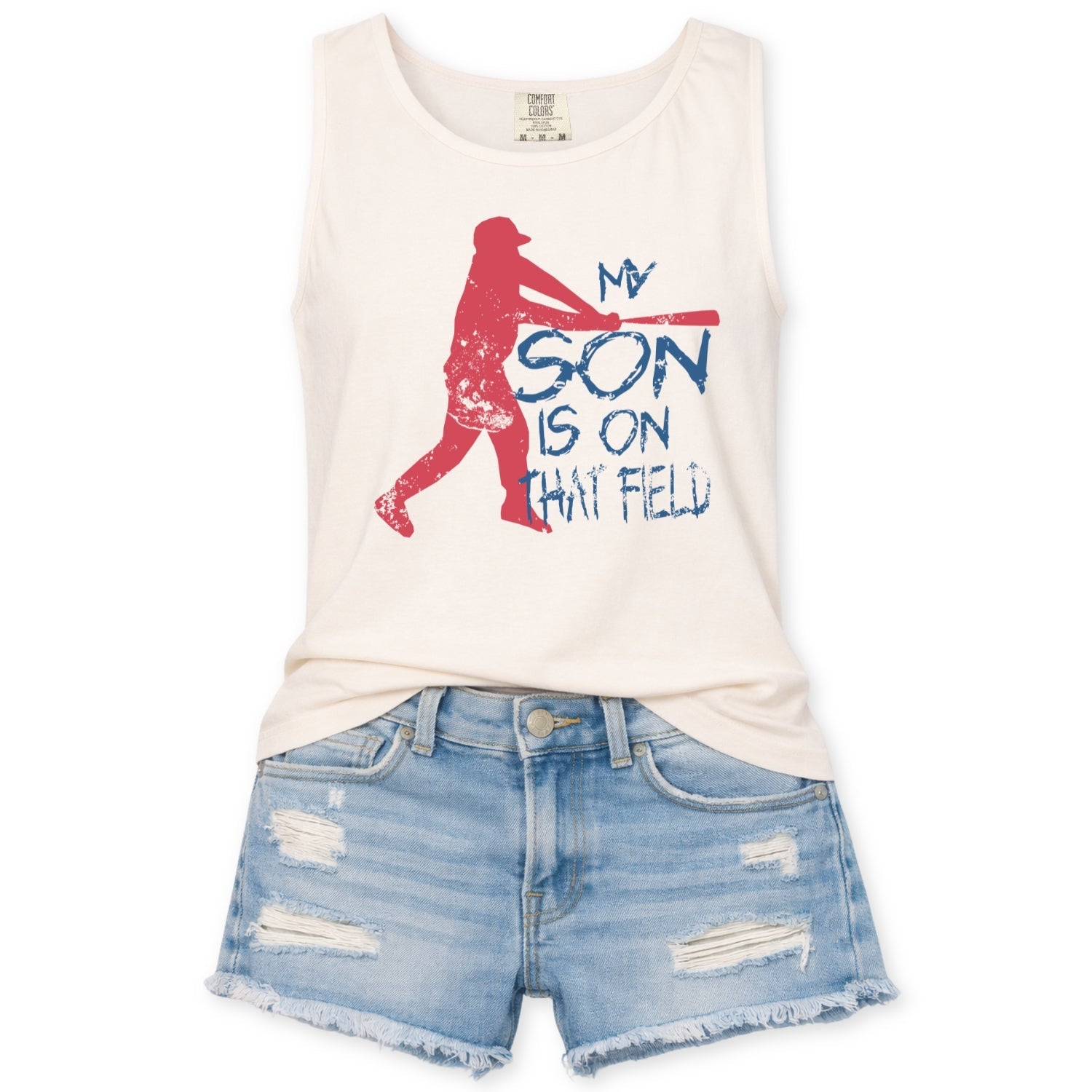 Ivory comfort color tank top with a red baseball player graphic that says my son is on the field