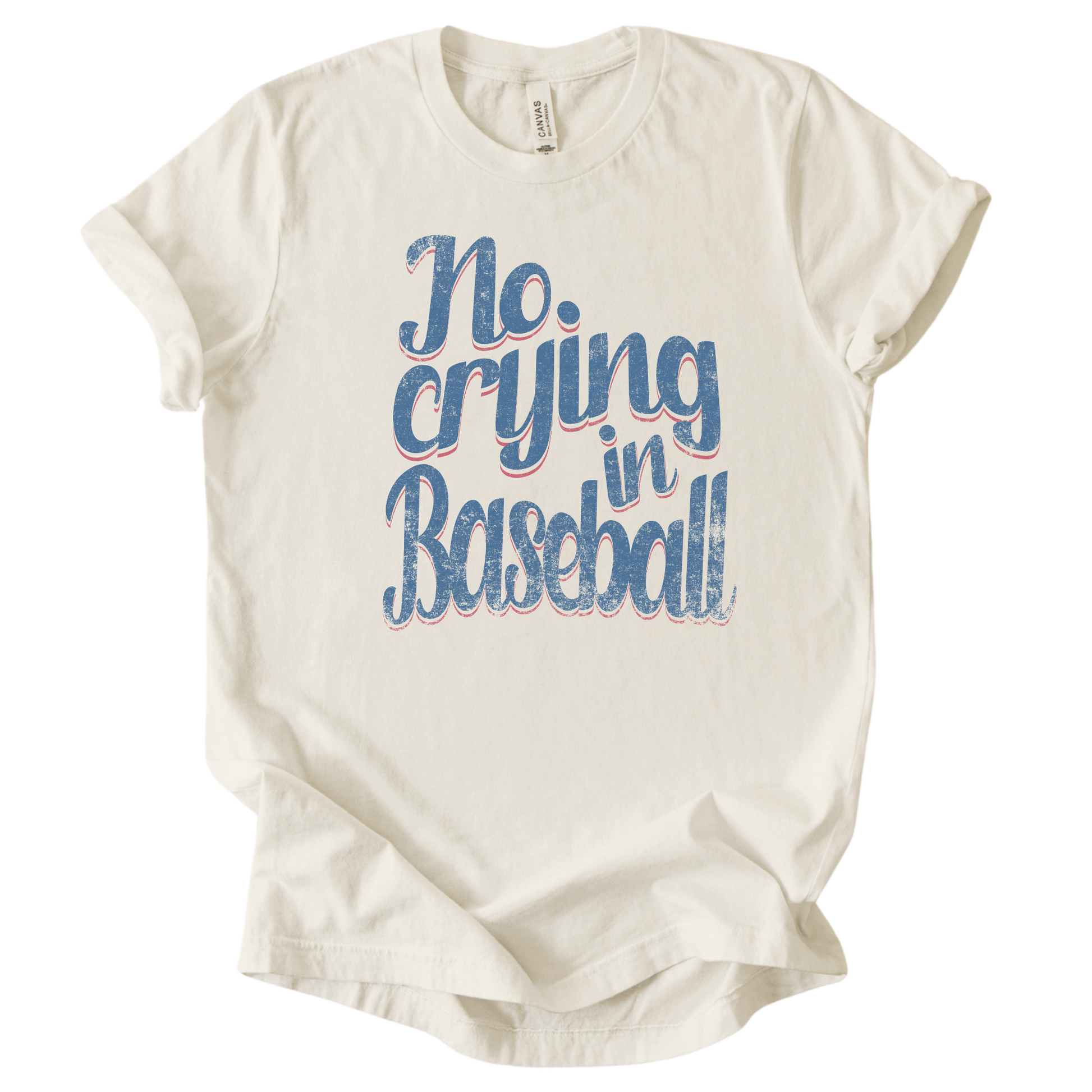 White t-shirt with 'No crying in Baseball' text on a white background
