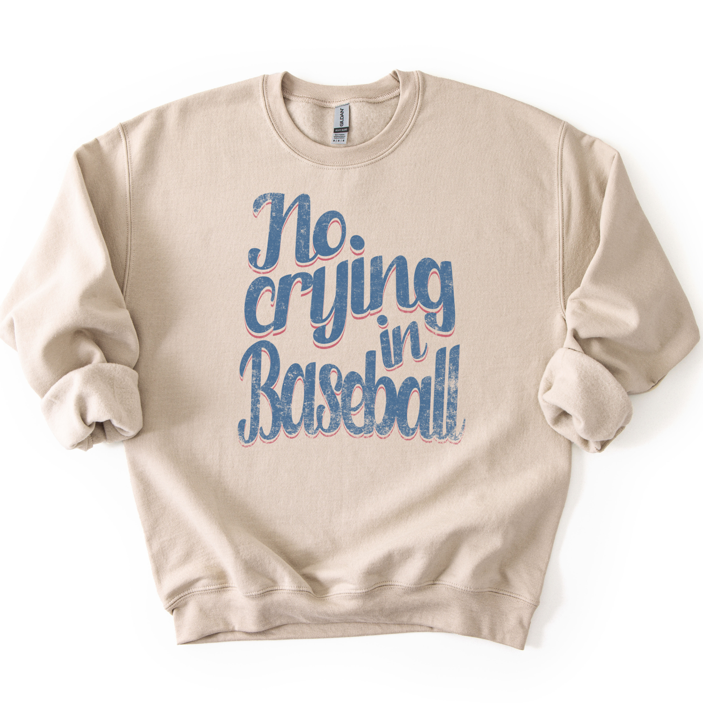 Beige sweatshirt with 'No crying in Baseball' text on a white background