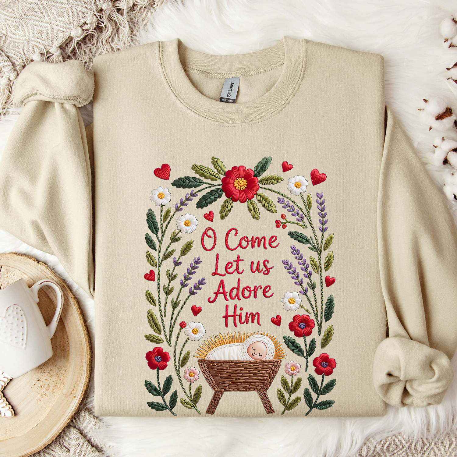 O Come Let Us Adore Him Baby Jesus Christmas Sand color Sweatshirt
