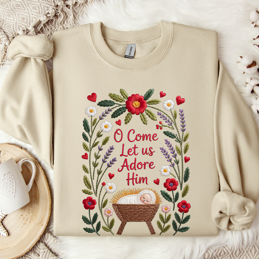 O Come Let Us Adore Him Baby Jesus Christmas Sand color Sweatshirt