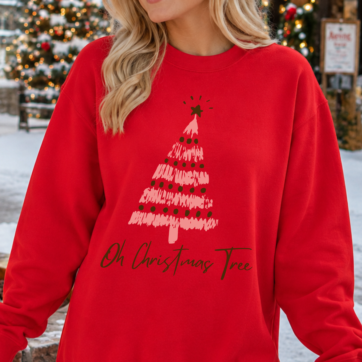 Oh Christmas Tree Graphic Sweatshirt.  Pink and brown Christmas tree on a red sweatshirt