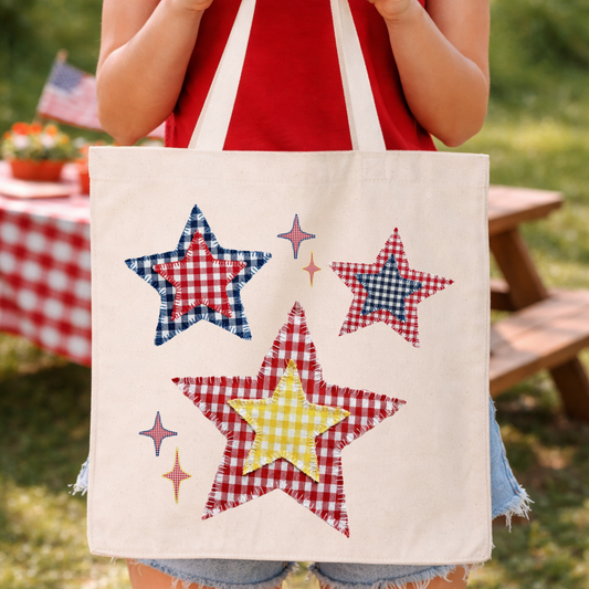 Fourth of July Tote Bag | Gingham Patchwork Graphic Stars