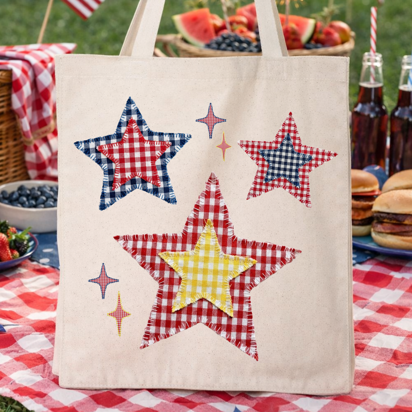 Fourth of July Tote Bag | Gingham Patchwork Graphic Stars