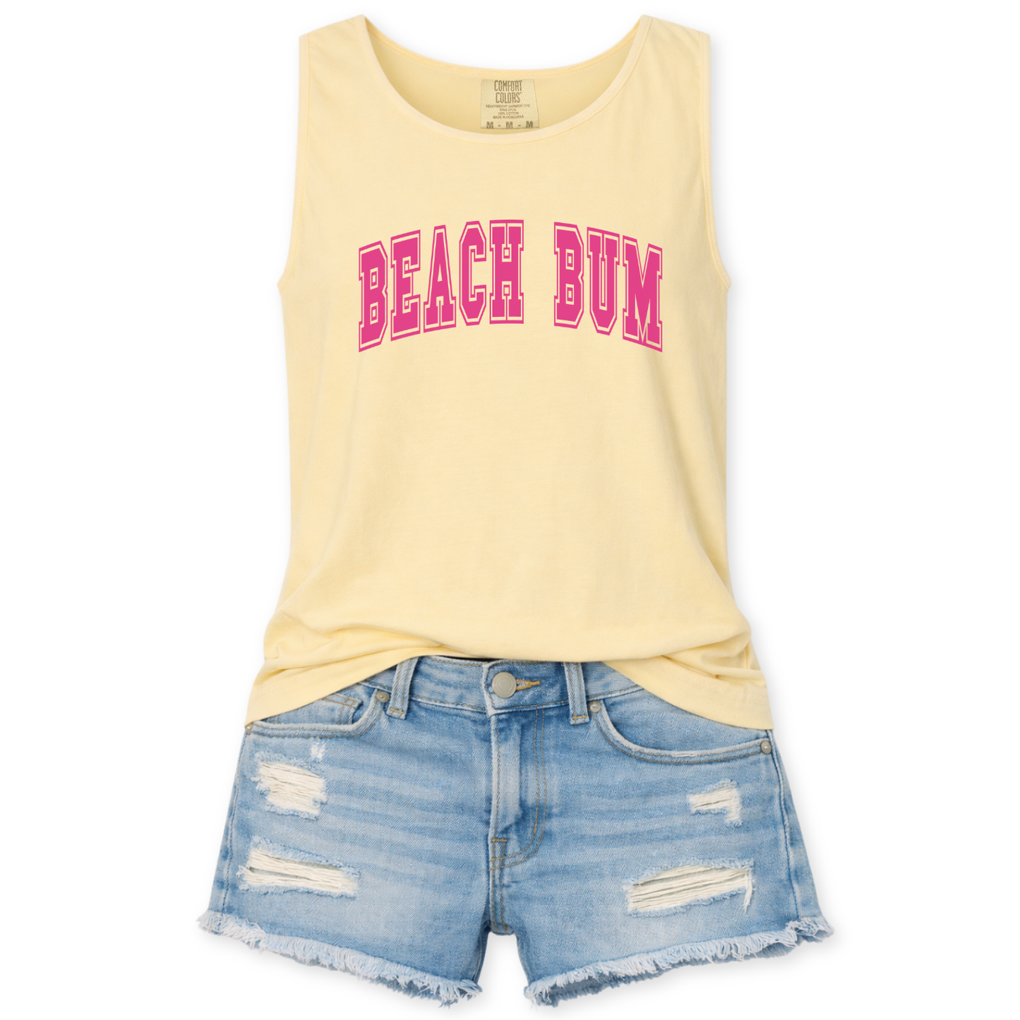 Yellow tank top with 'BEACH BUM' text and denim shorts on a white background