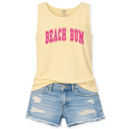Yellow tank top with 'BEACH BUM' text and denim shorts on a white background
