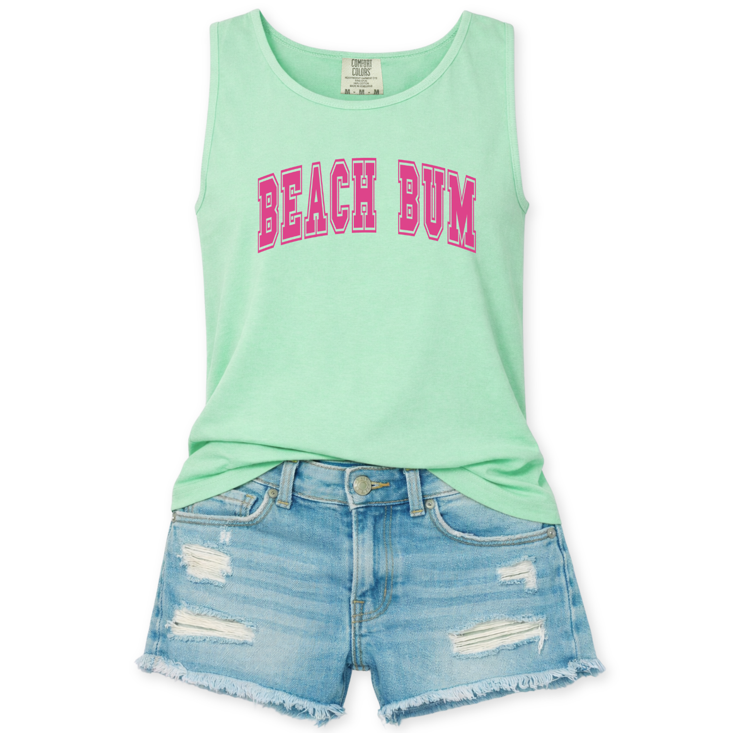 Mint green tank top with 'BEACH BUM' text and denim shorts on a white background