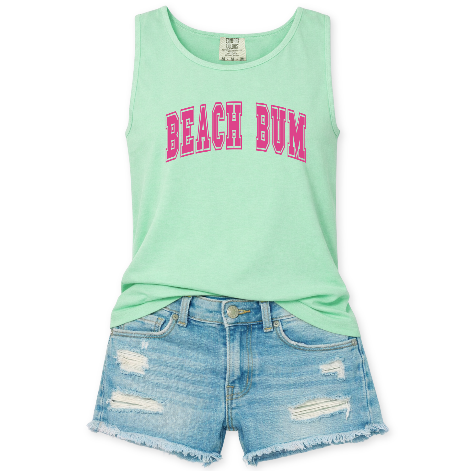 Mint green tank top with 'BEACH BUM' text and denim shorts on a white background