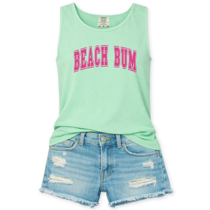Mint green tank top with 'BEACH BUM' text and denim shorts on a white background