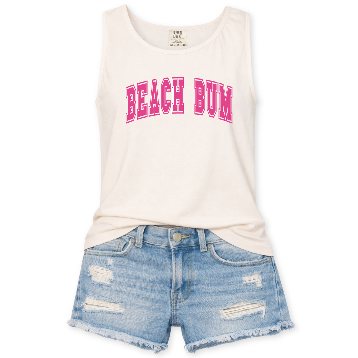 White tank top with 'BEACH BUM' text and denim shorts on a white background