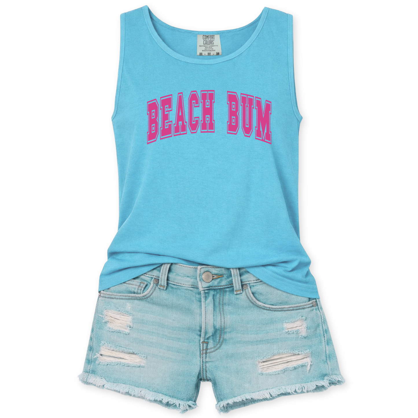 Blue tank top with 'BEACH BUM' text and denim shorts on a white background
