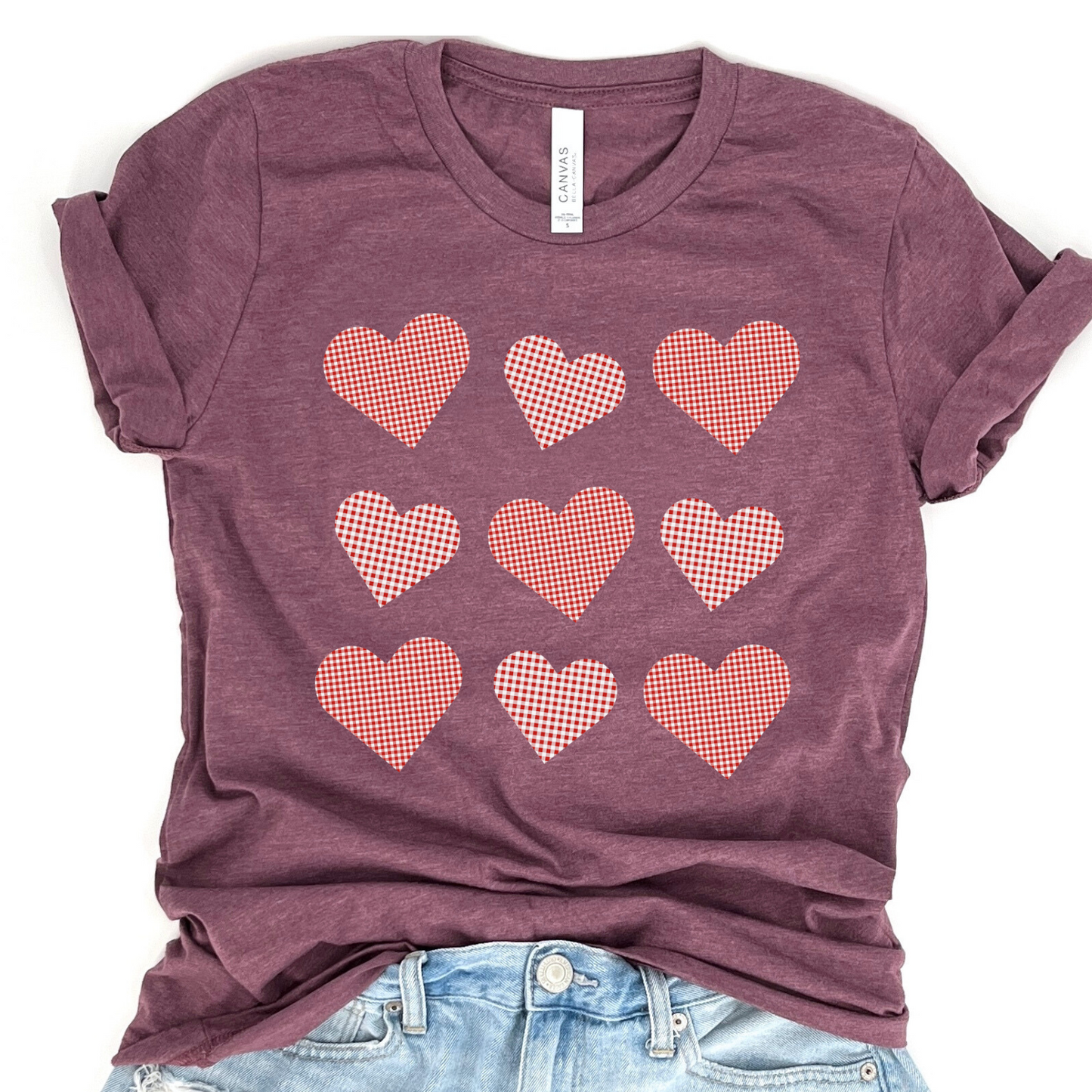 Valentine's Plaid coquette hearts women's graphic t-shirt