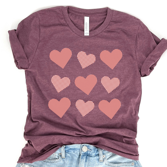 Valentine's Plaid coquette hearts women's graphic t-shirt