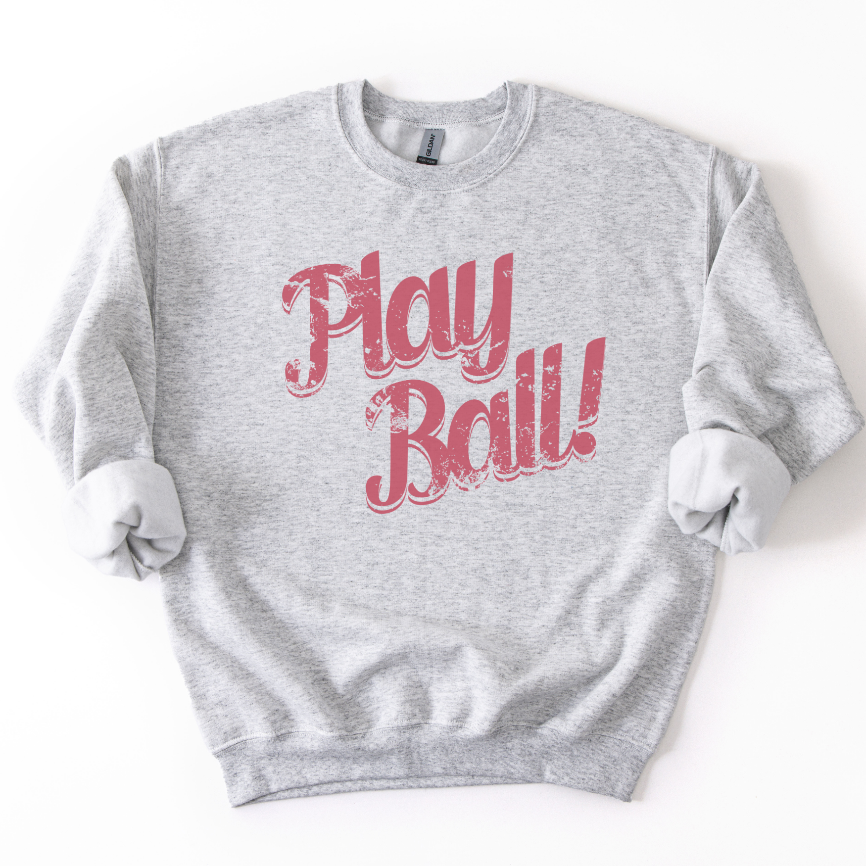Gray sweatshirt with 'Play Ball!' text in red on a white background