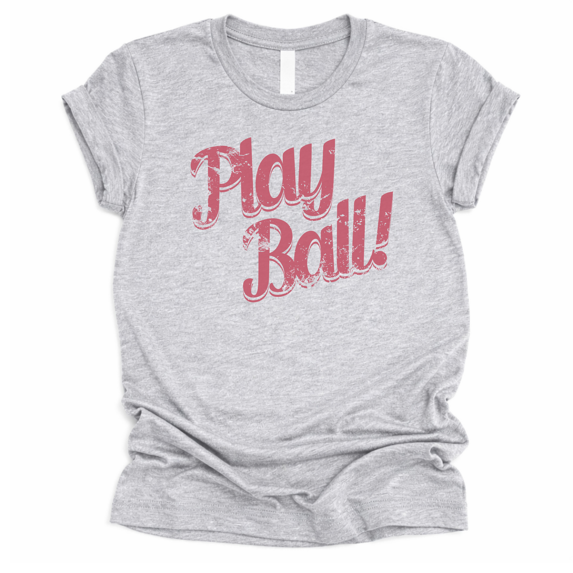 Gray t-shirt with 'Play Ball!' text in red on a white background