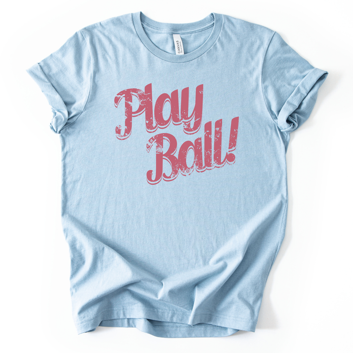 Light blue t-shirt with 'Play Ball!' text in red on a white background