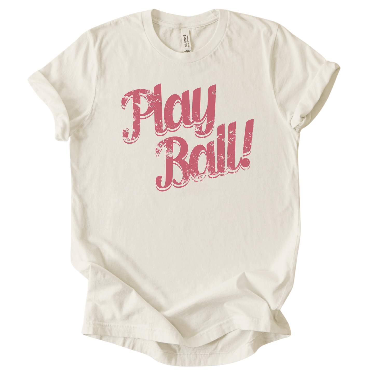 Cream t-shirt with 'Play Ball!' text in pink on a white background