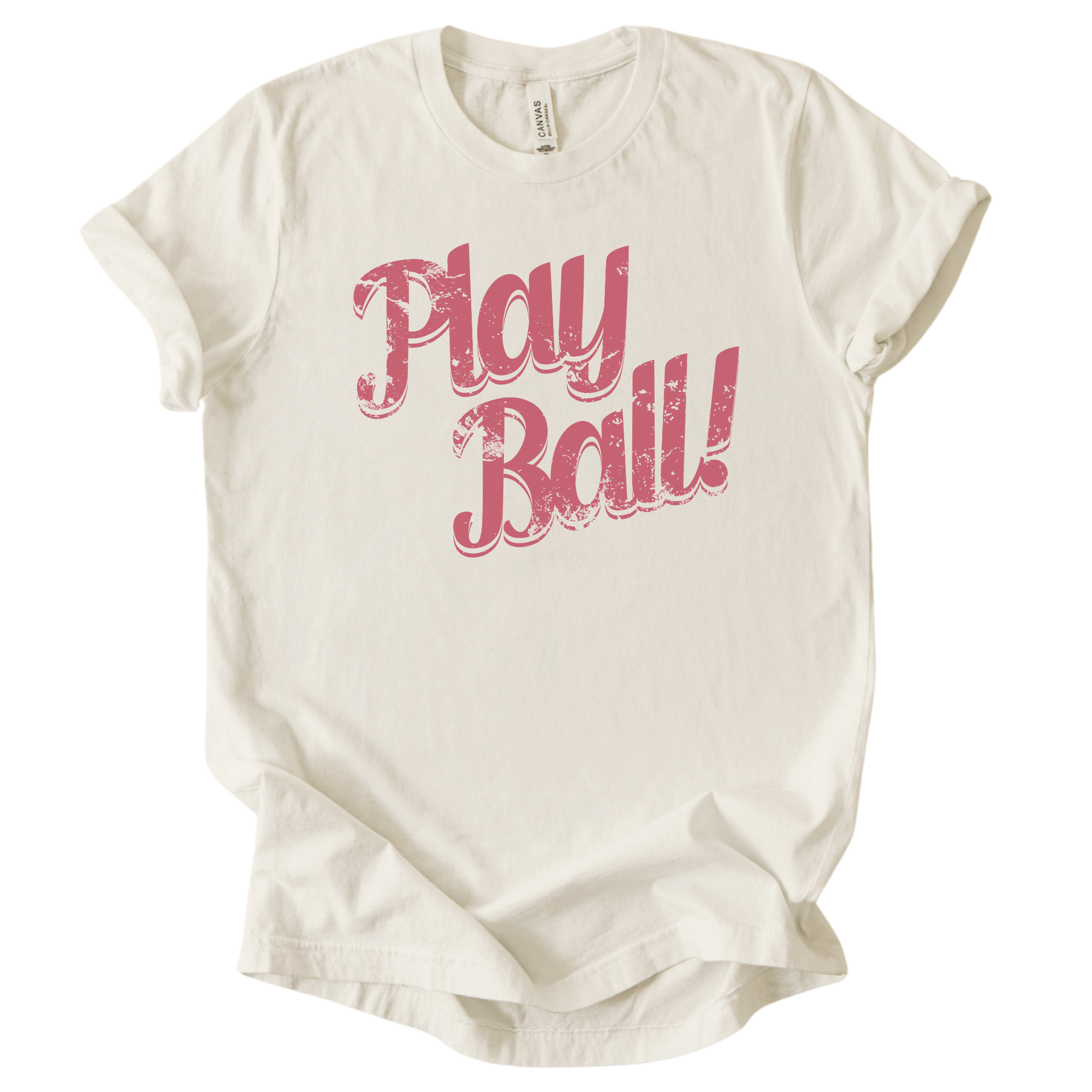 Cream t-shirt with 'Play Ball!' text in pink on a white background