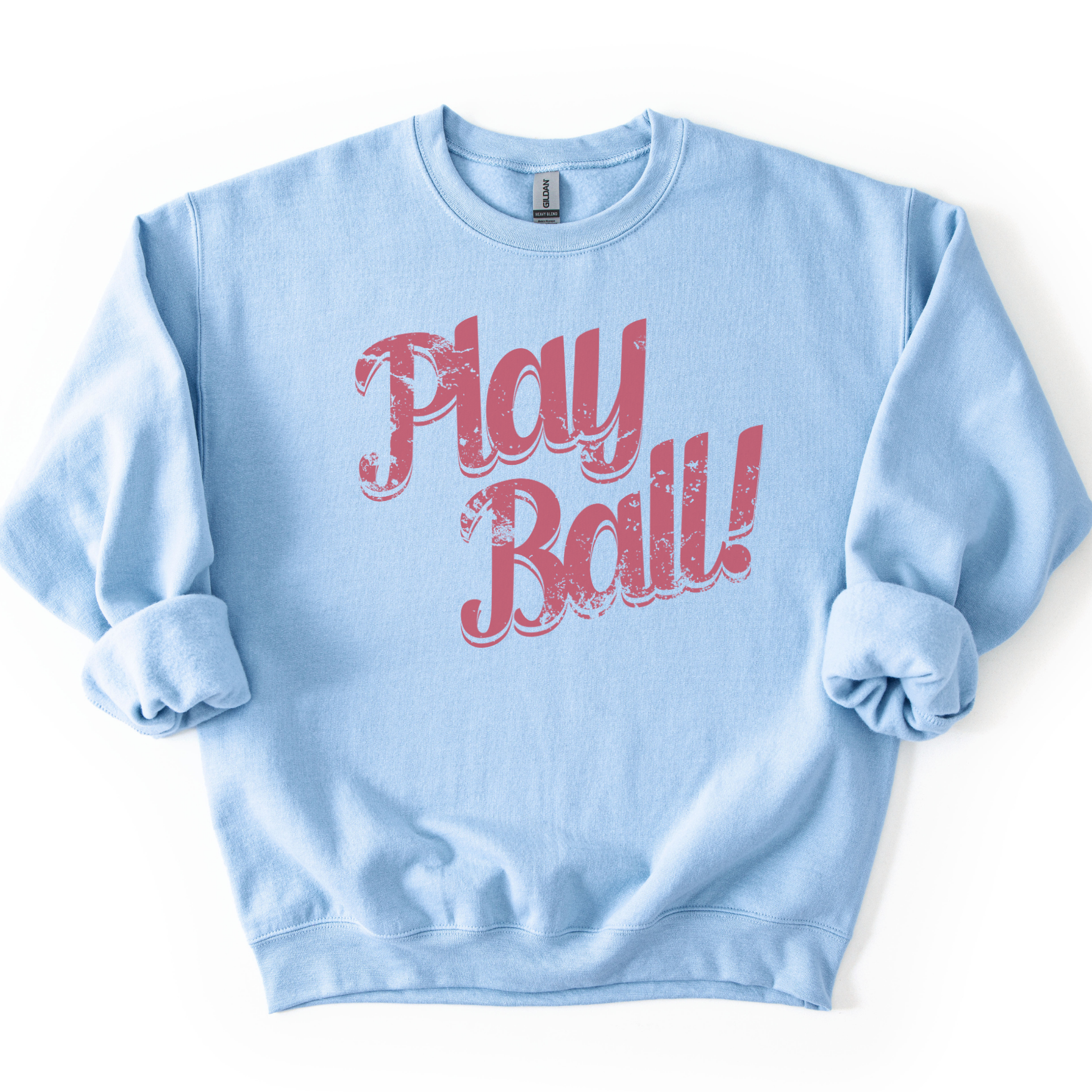 Light blue sweatshirt with 'Play Ball!' text in red on a white background