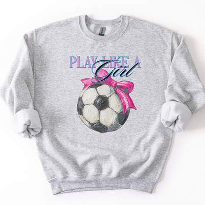 Play like a girl Soccer graphic with a pink bow on a gray sweatshirt